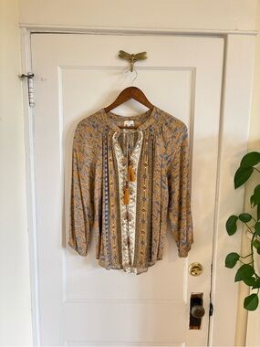 Mason & Belle Bohemian Floral Peasant Blouse with Tasseled Neck Ties Medium